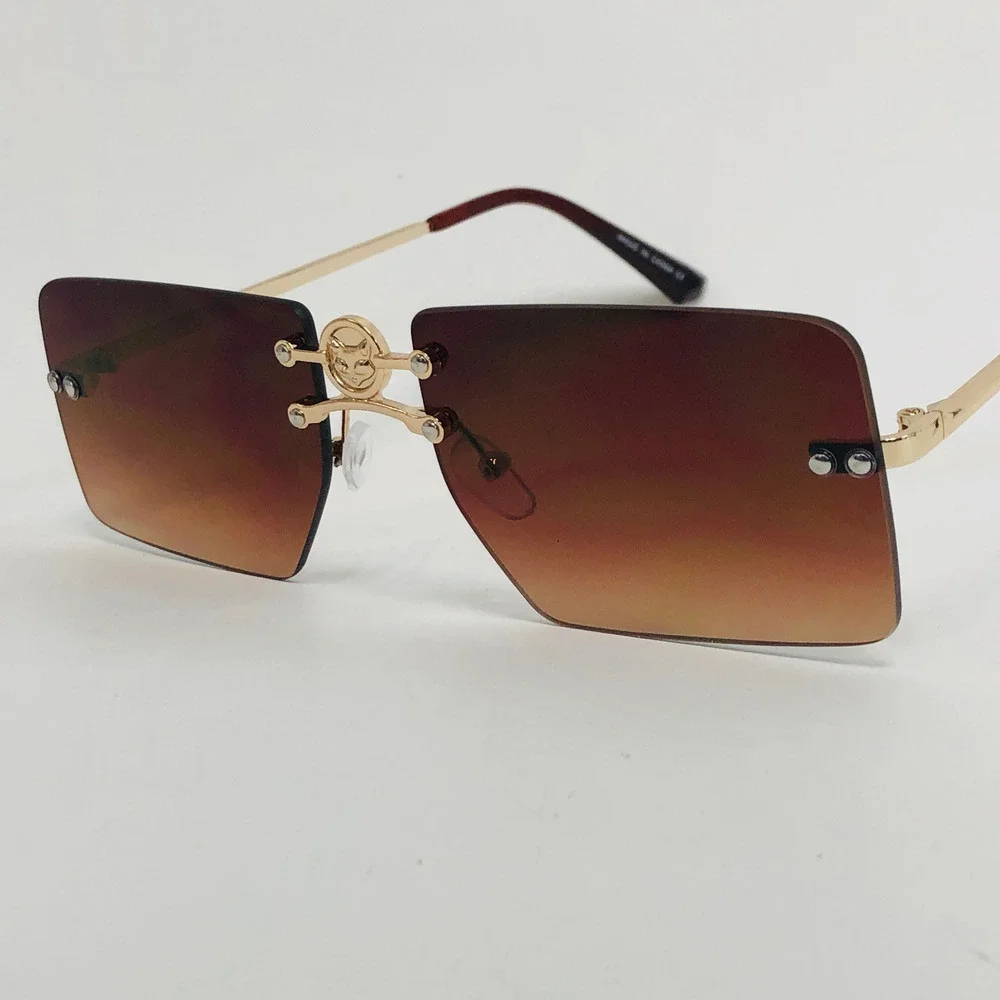 Rimless Sunglasses Square Brown‎ Gradient Lens Gold Accents Fashion Shades Gafas